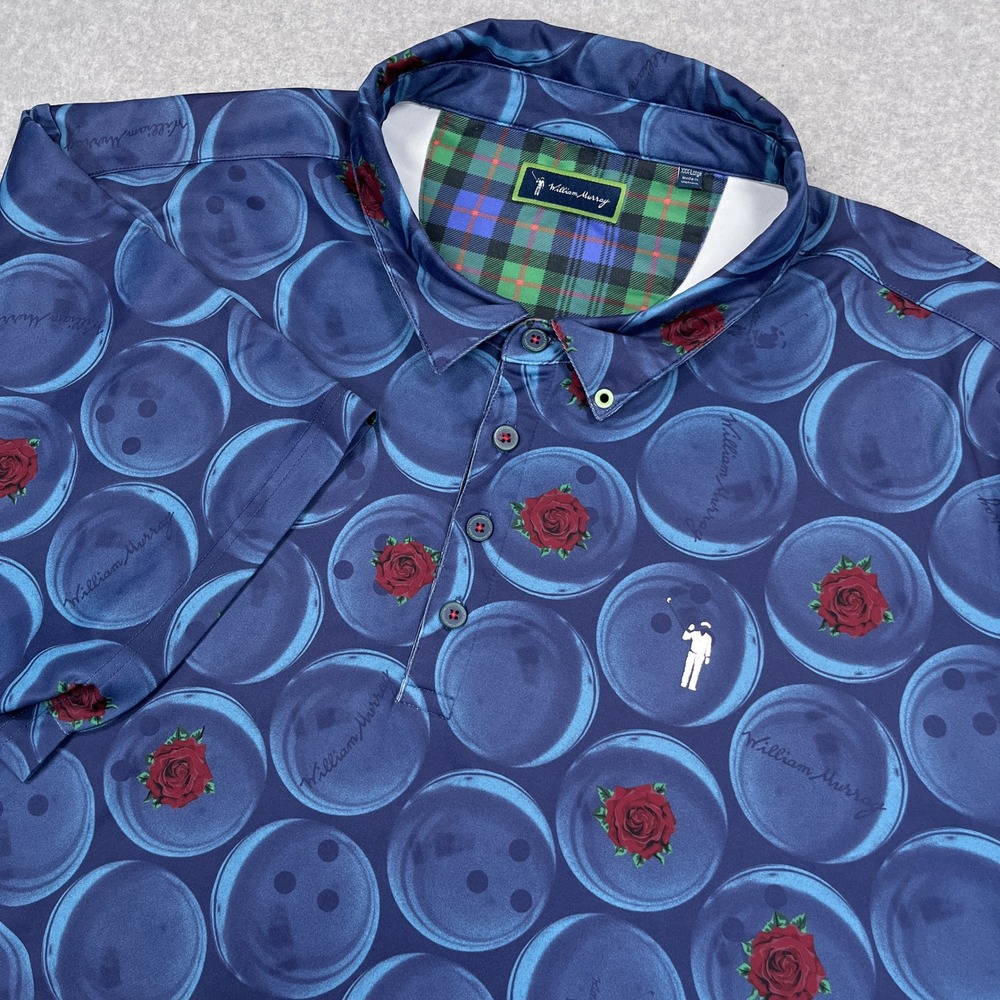 William Murray Polo Shirt Mens XXXL 3XL Blue Bowling Ball Roses Golf Kingpin